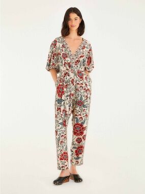 Sand Francesca V Neckline Short Sleeve Jumpsuit by Farm Rio